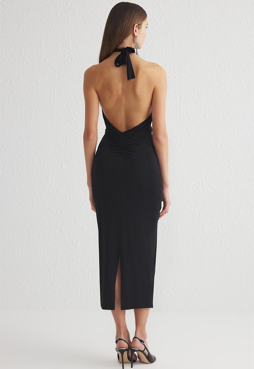 Trendyol - Fitted Knitted Midi Elegant Evening Prom Dress - Black