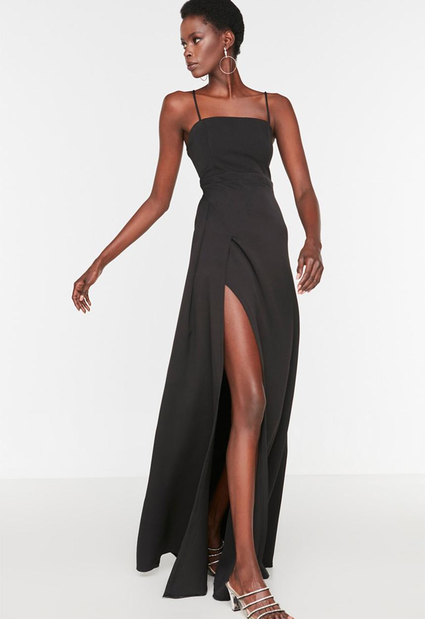 Trendyol - A-line woven long elegant evening night graduation dress - black