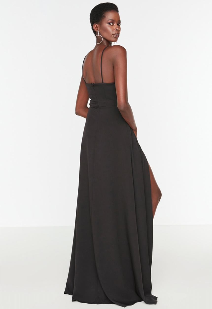 Trendyol - A-line woven long elegant evening night graduation dress - black