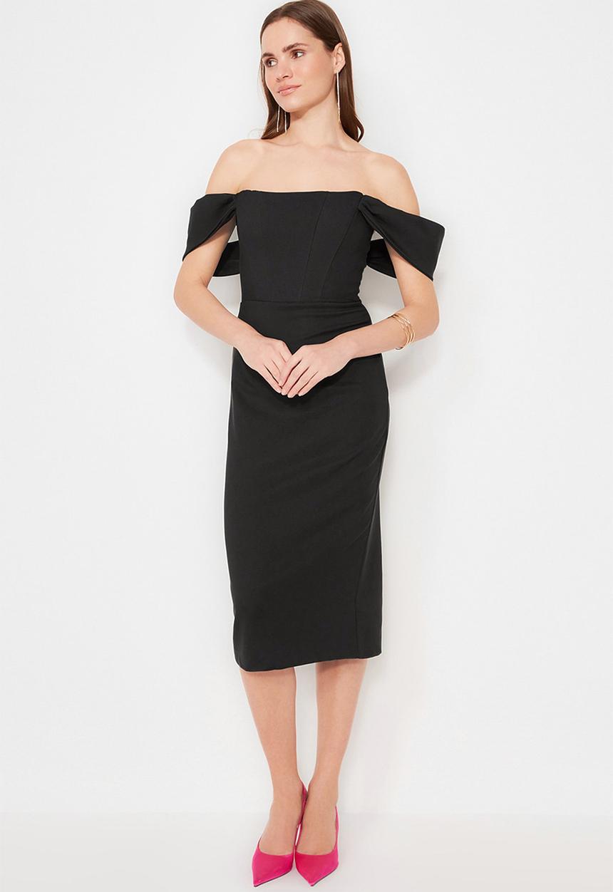 Trendyol - Bodycon corset detailed woven elegant evening  dress - black