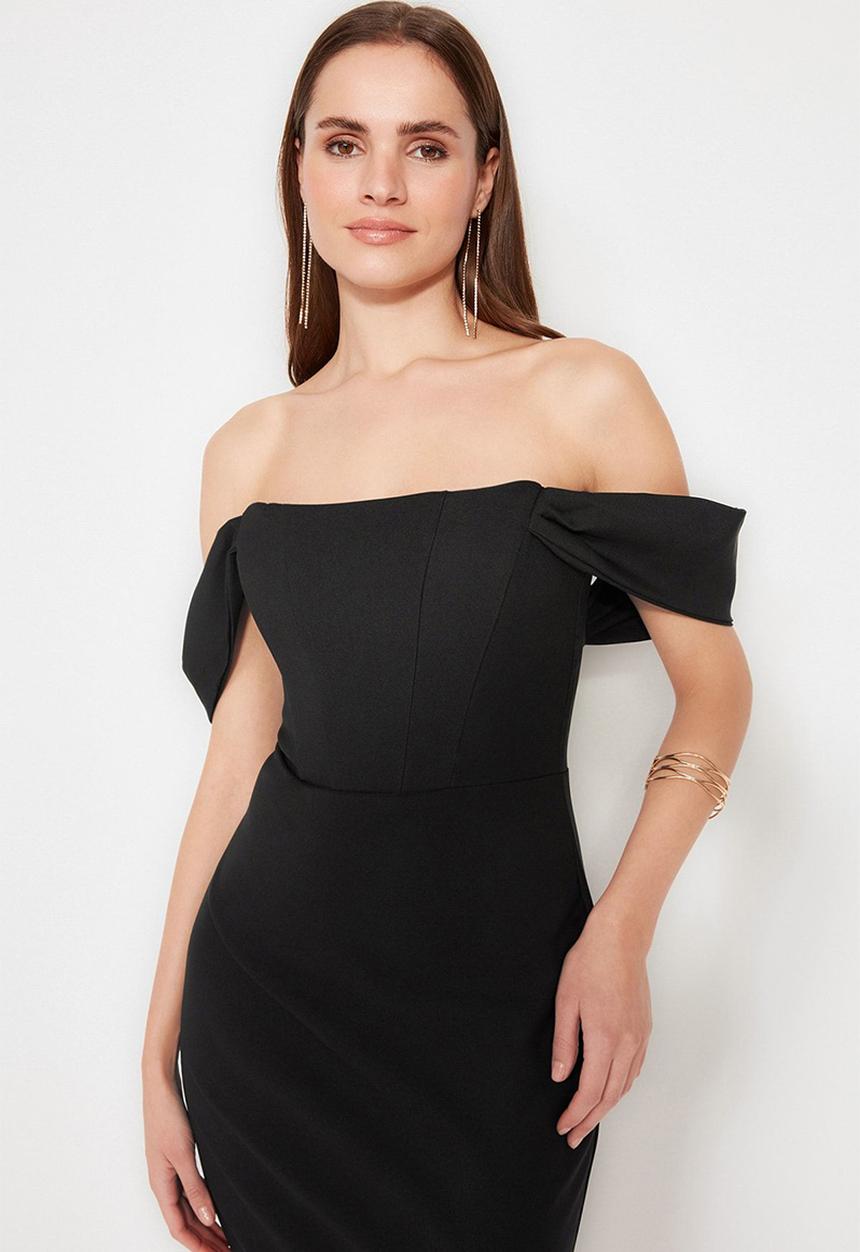 Trendyol - Bodycon corset detailed woven elegant evening  dress - black