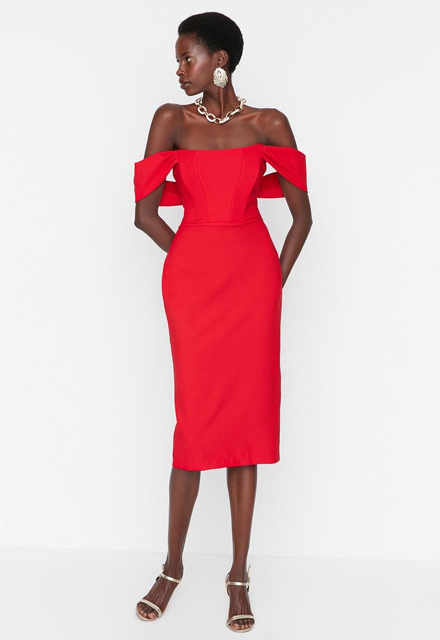 Body-sit corset detailed woven elegant evening dress graduation dress - red