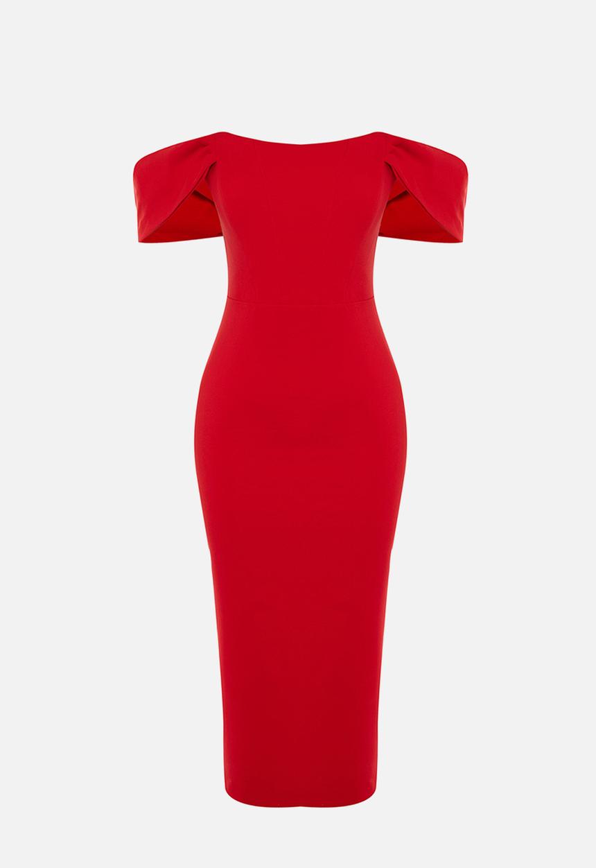 Body-sit corset detailed woven elegant evening dress graduation dress - red