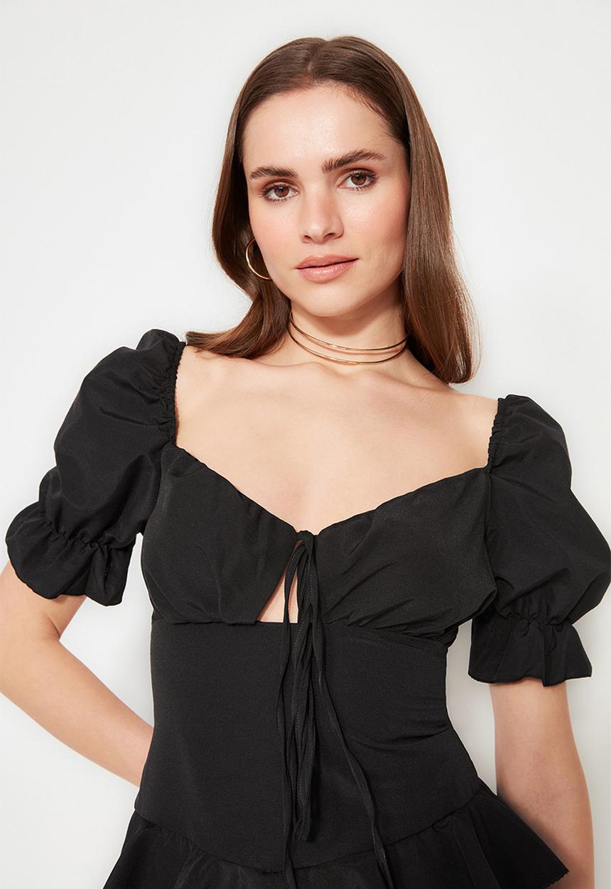 Trendyol - A-line flounce woven poplin mini  dress - black