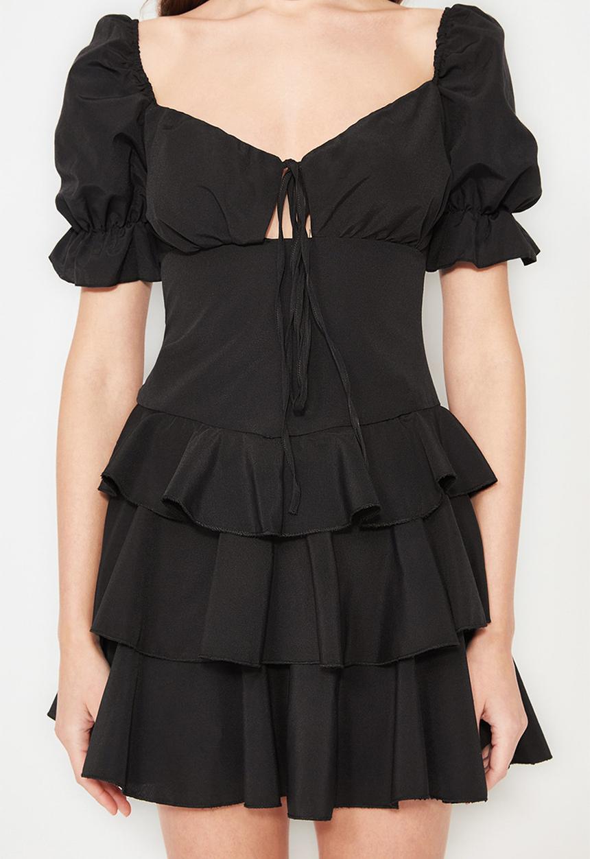 Trendyol - A-line flounce woven poplin mini  dress - black