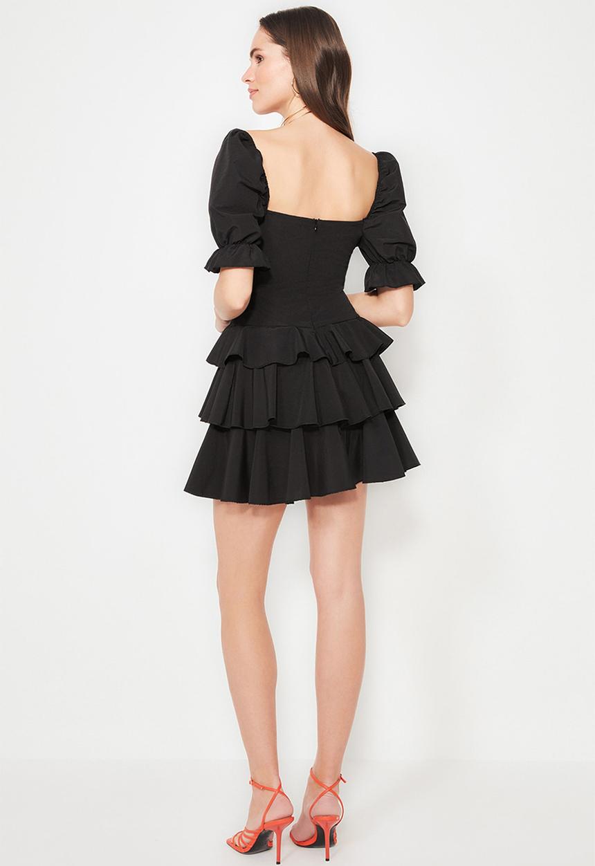 Trendyol - A-line flounce woven poplin mini  dress - black