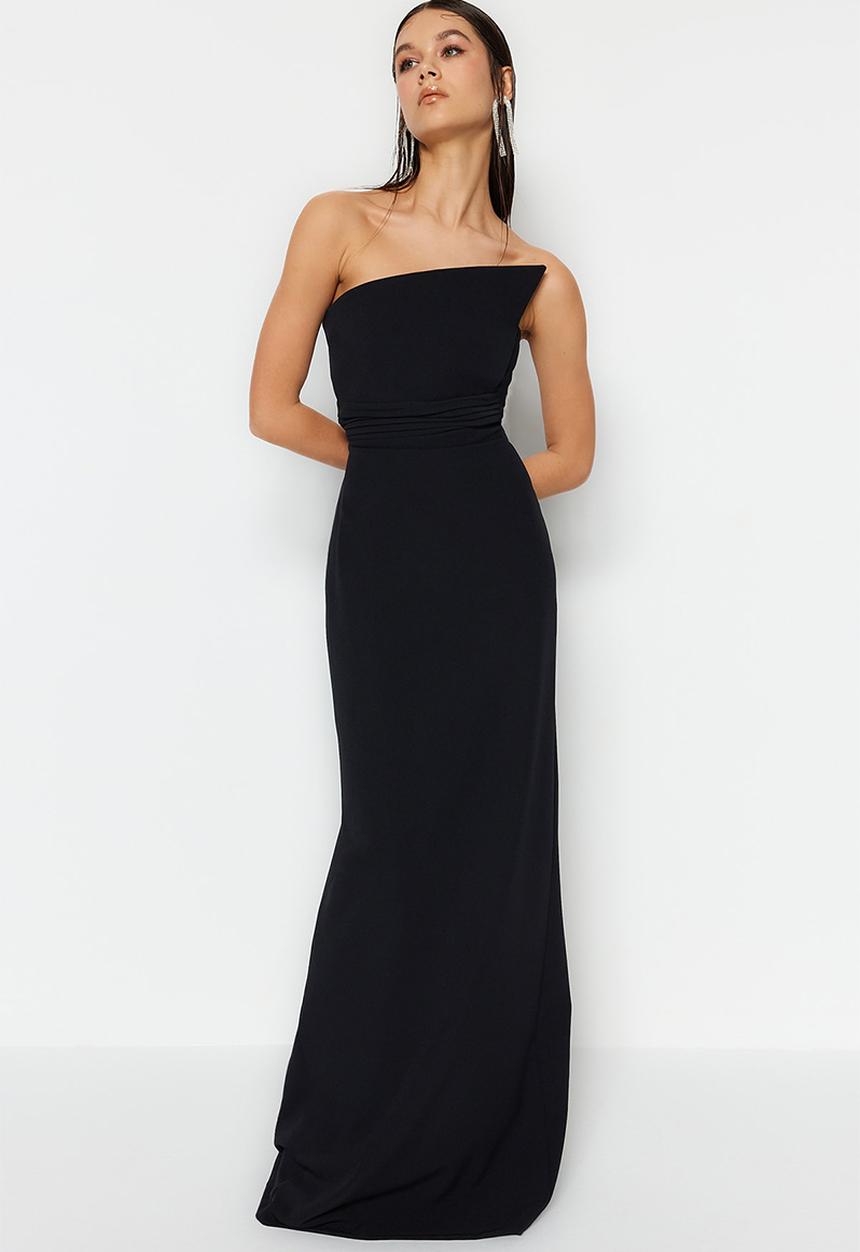 Trendyol - One shoulder woven long elegant evening night graduation dress  - black