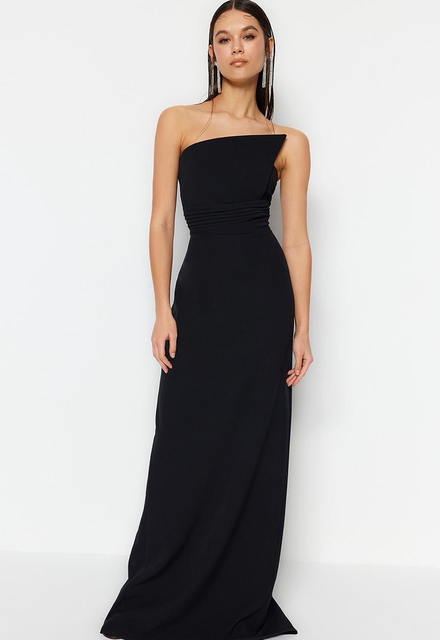 Trendyol - One shoulder woven long elegant evening night graduation dress  - black
