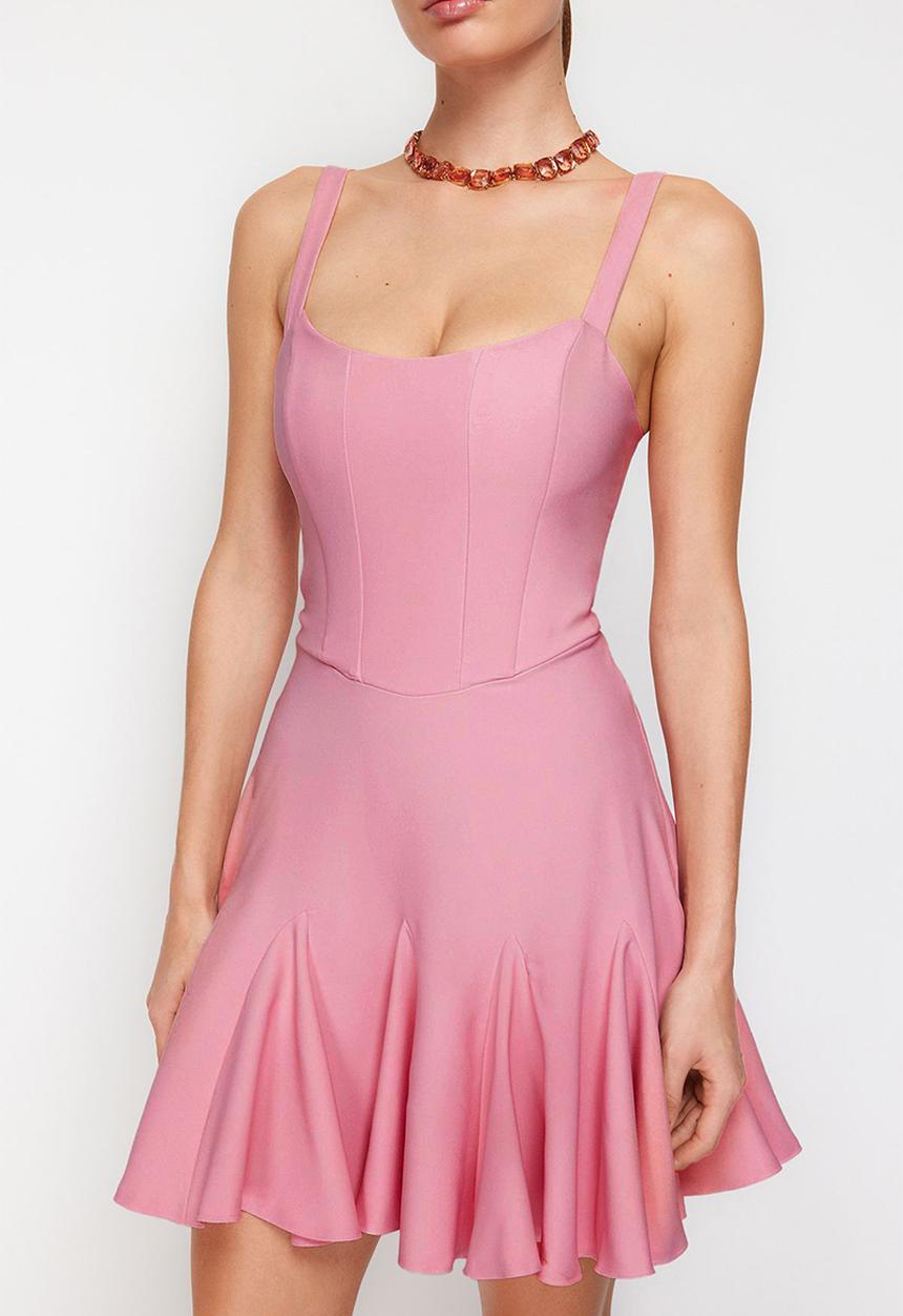 Trendyol - A-line corset piping woven short evening  dress  - pink