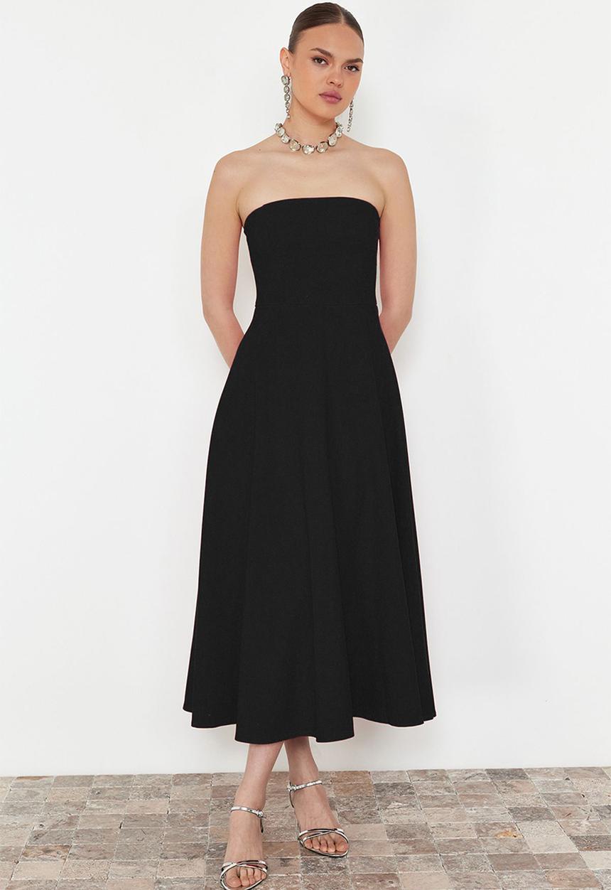Trendyol - A-line strapless woven elegant evening prom dress  - black