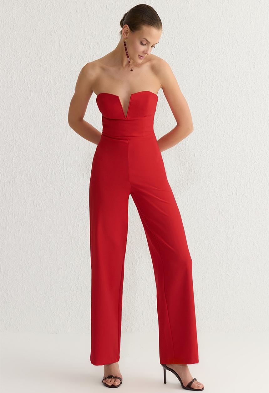 Trendyol - V neck strapless woven jumpsuit  - red