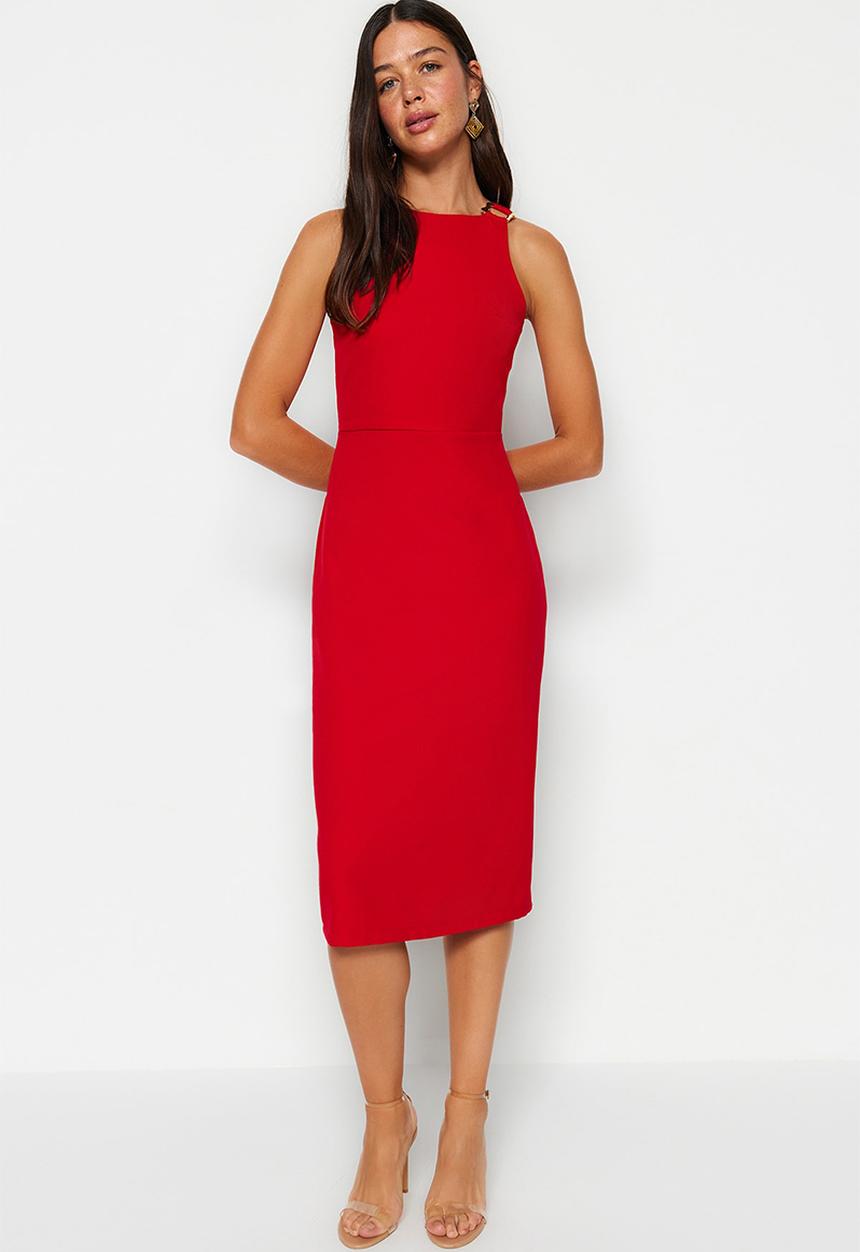 Trendyol - Fitted midi pencil skirt woven dress with accessory detail on the collar  - red