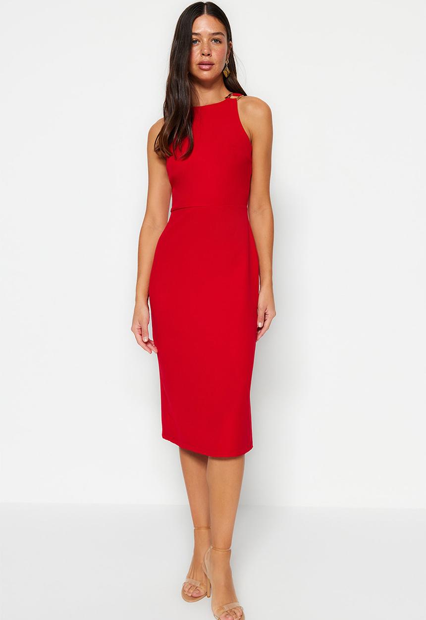 Trendyol - Fitted midi pencil skirt woven dress with accessory detail on the collar  - red