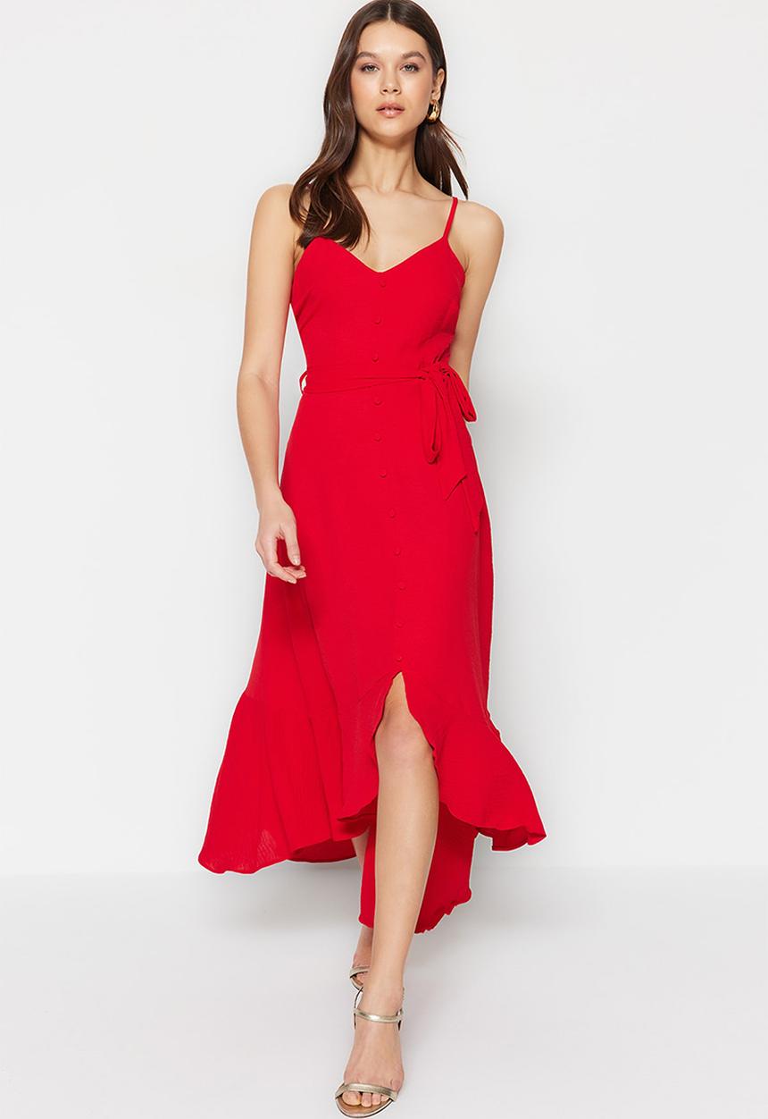 Trendyol - Belted a-cut flounced button detailed woven maxi dress  - red