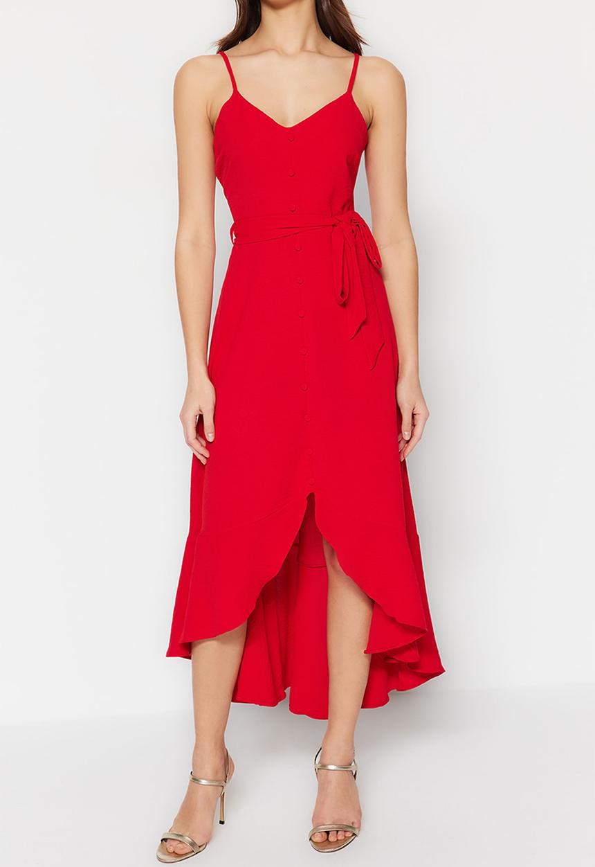 Trendyol - Belted a-cut flounced button detailed woven maxi dress  - red
