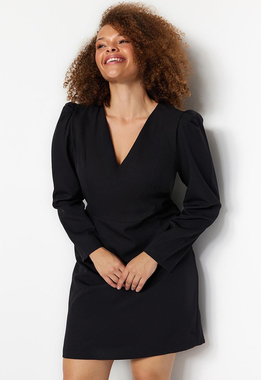 Trendyol - Plus size v neck balloon sleeve mini/short length woven dress  - black