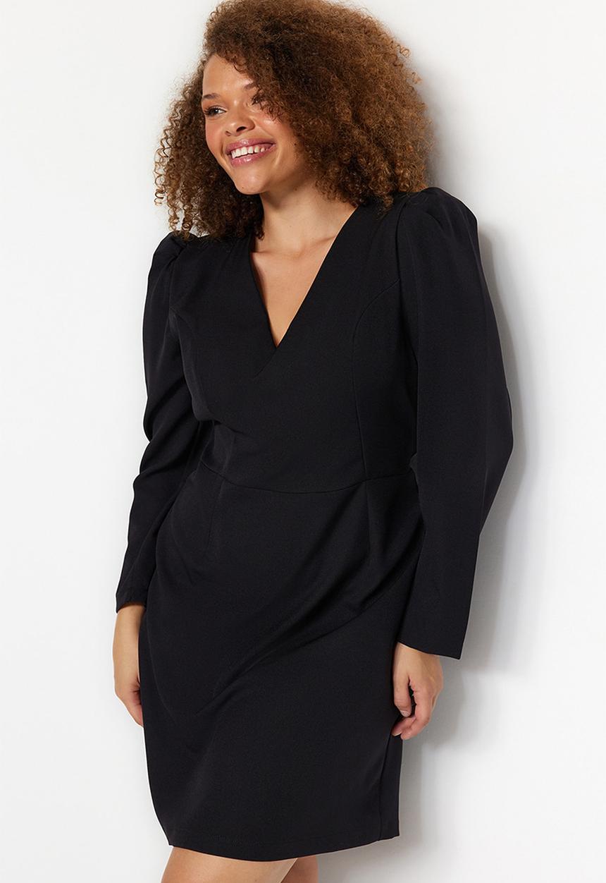 Trendyol - Plus size v neck balloon sleeve mini/short length woven dress  - black