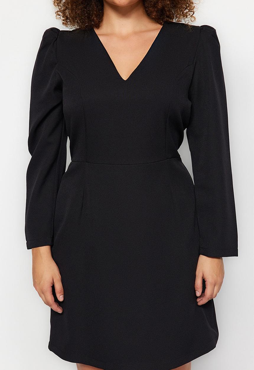 Trendyol - Plus size v neck balloon sleeve mini/short length woven dress  - black