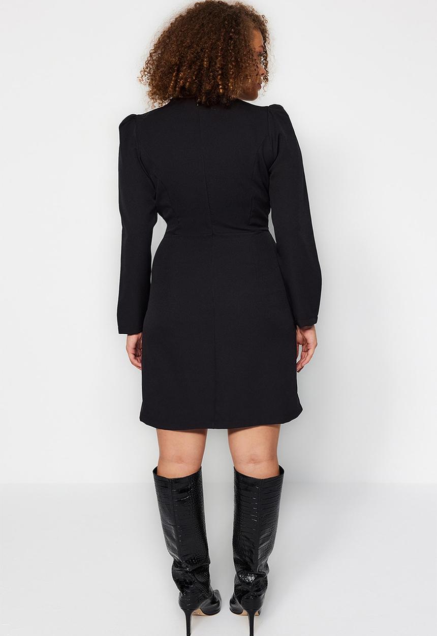 Trendyol - Plus size v neck balloon sleeve mini/short length woven dress  - black