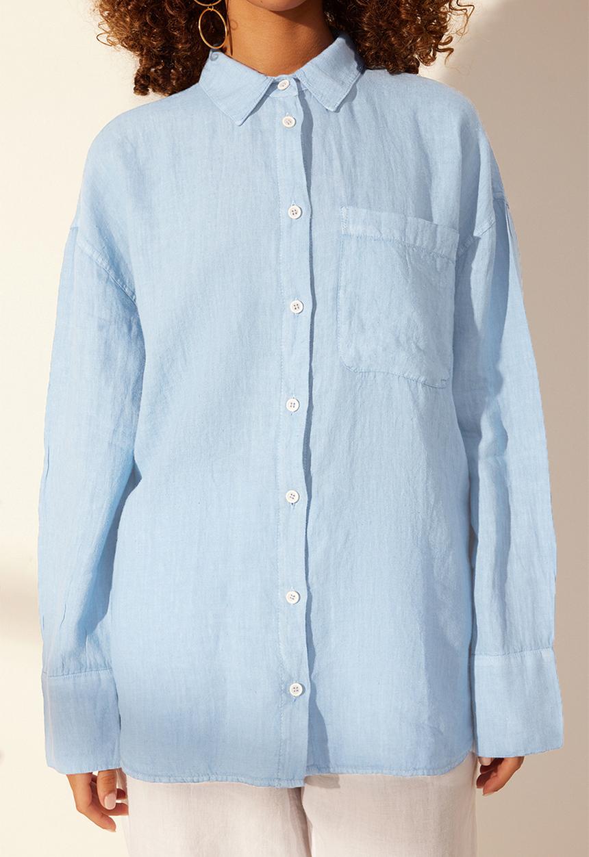Trendyol - Linen oversize shirt  - blue