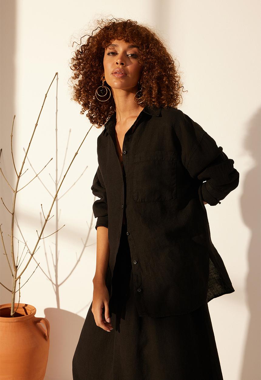 Trendyol - Linen oversize shirt  - black