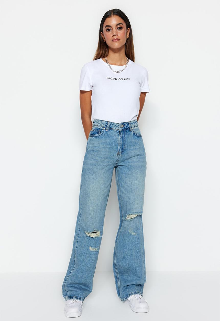 Trendyol - Pale effect vintage low waist wide leg jeans  - ripped blue