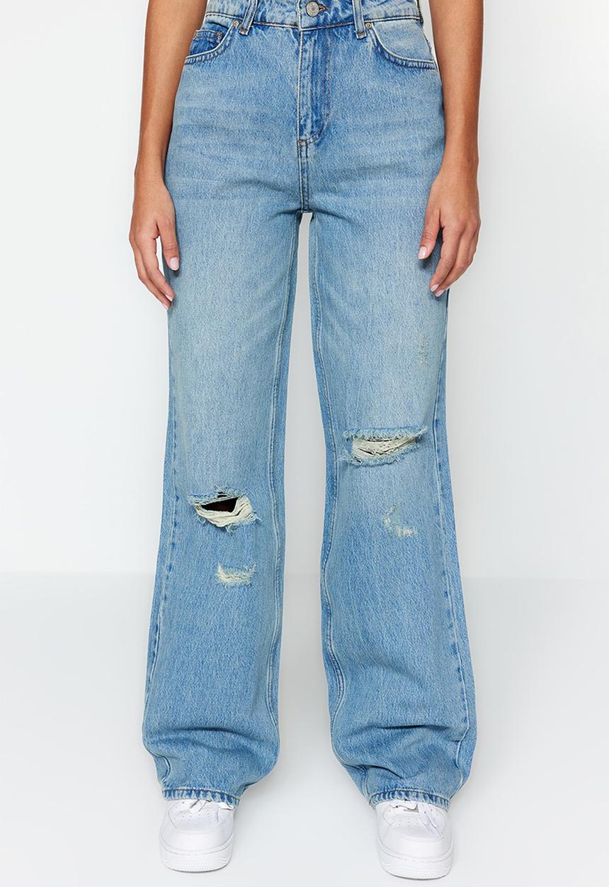 Trendyol - Pale effect vintage low waist wide leg jeans  - ripped blue