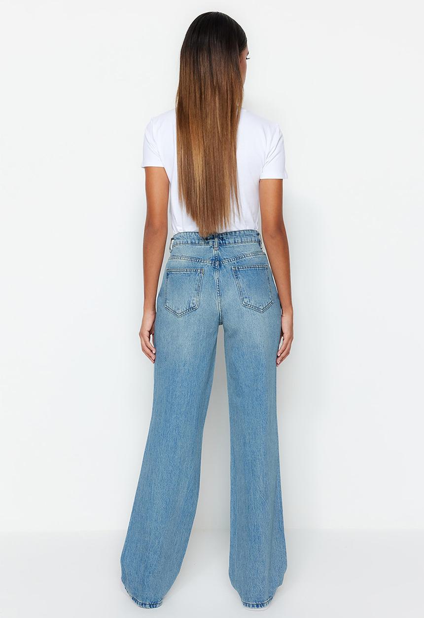 Trendyol - Pale effect vintage low waist wide leg jeans  - ripped blue