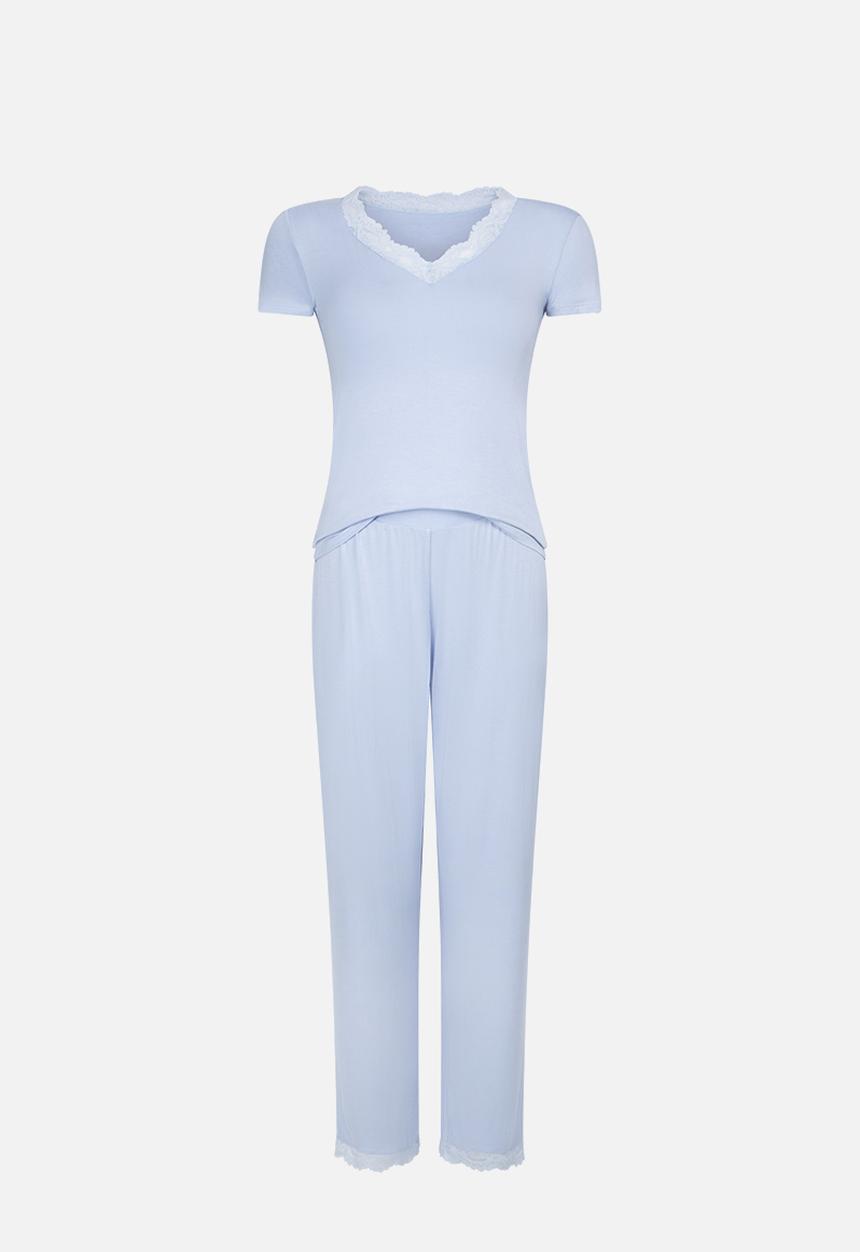 Hunkemoller - PJ Ss Jersey Lace Nanna - blue