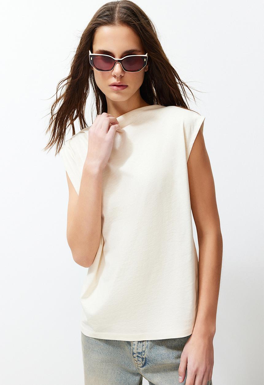 Trendyol - Boat neck drapey knitted t-shirt  - stone