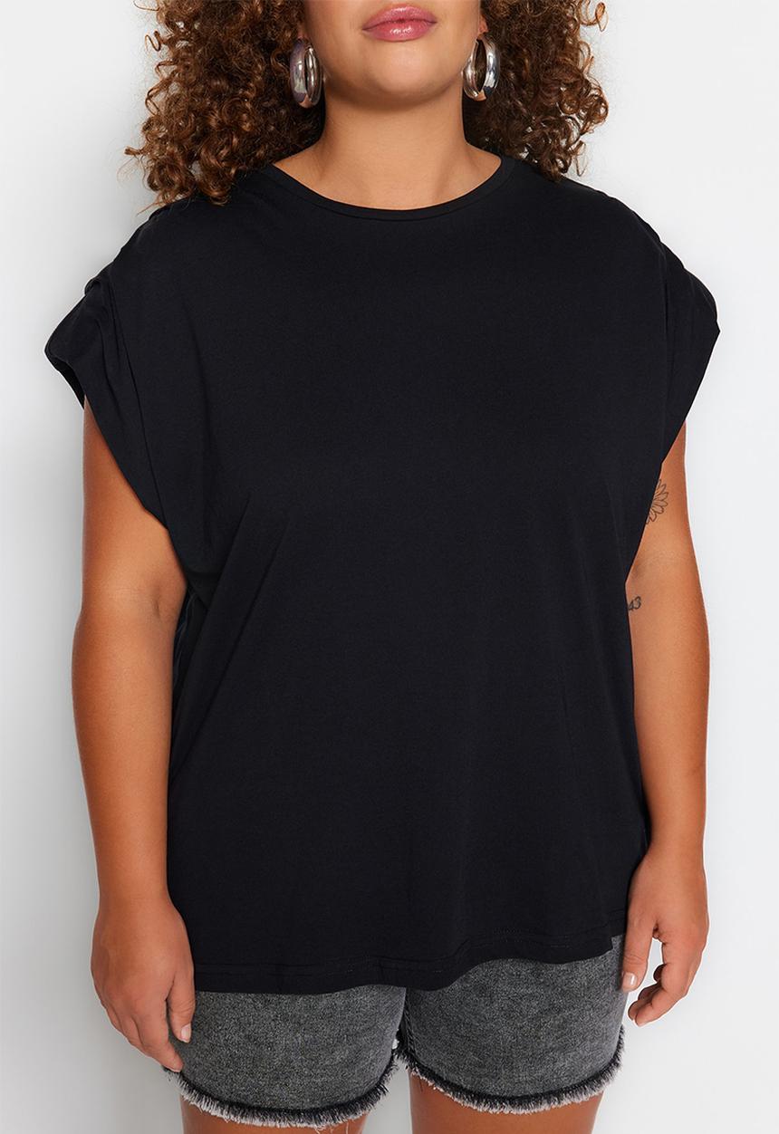 Trendyol - Plus size crew neck basic 100% cotton knitted plus size blouse  - black