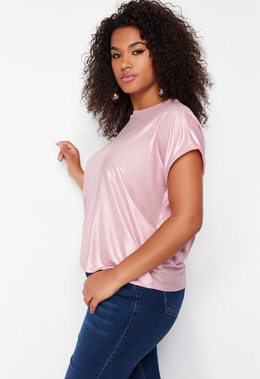 Trendyol - Plus size metallic print knitted blouse  - powder
