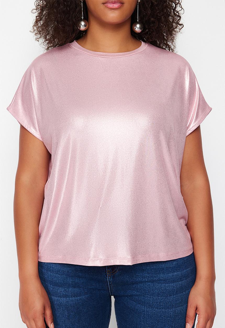 Trendyol - Plus size metallic print knitted blouse  - powder