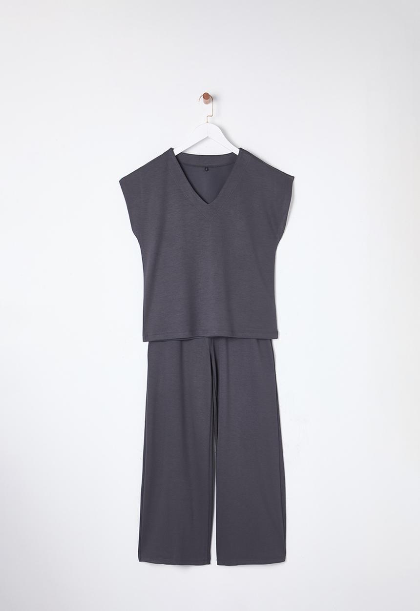 Trendyol - V-neck oversize/wide pattern knitting upper-lower set - anthracite