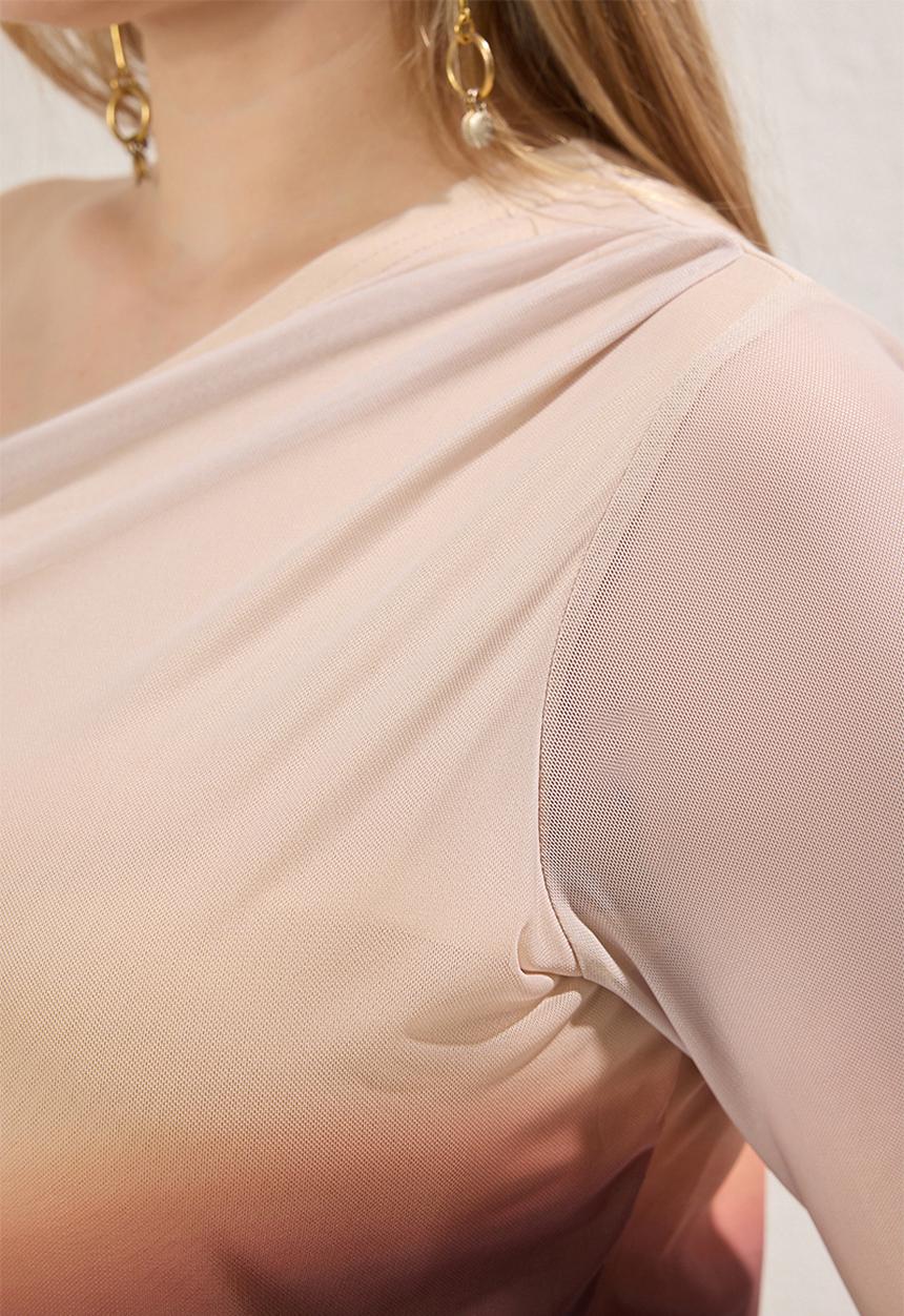 Trendyol - Plus size tulle lined abstract patterned asymmetric collar knitted plus size blouse  - beige
