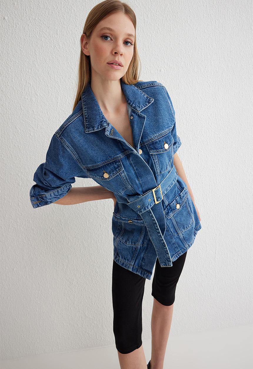 Trendyol - Belted pocket detailed denim jacket  - blue