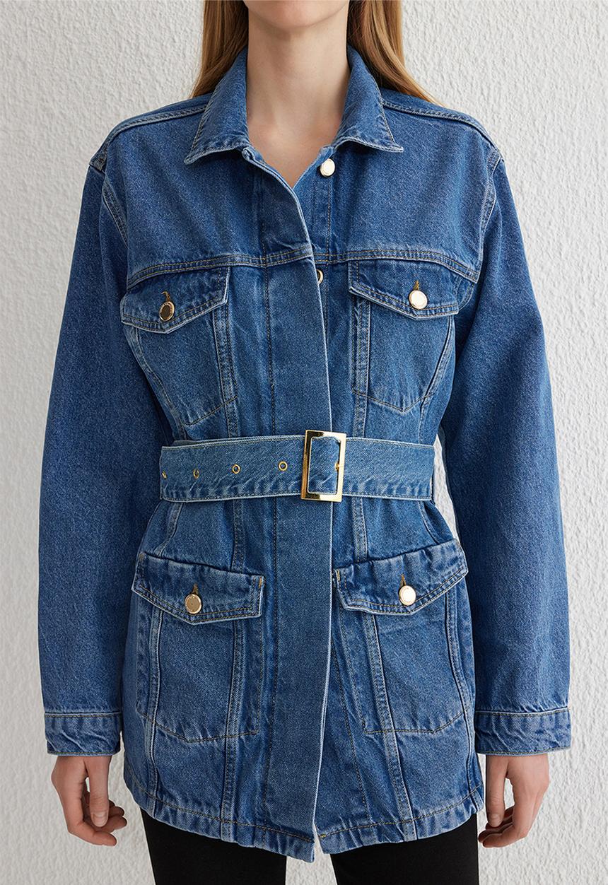 Trendyol - Belted pocket detailed denim jacket  - blue