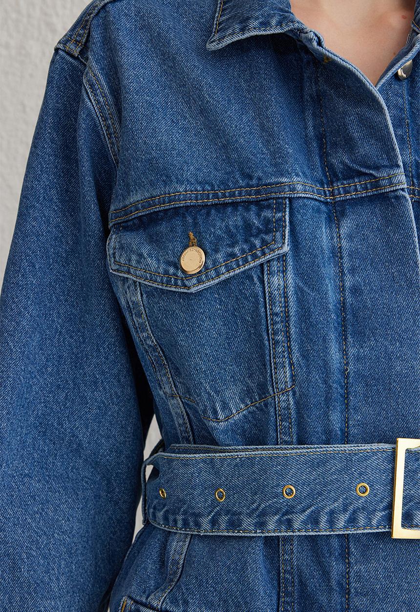 Trendyol - Belted pocket detailed denim jacket  - blue