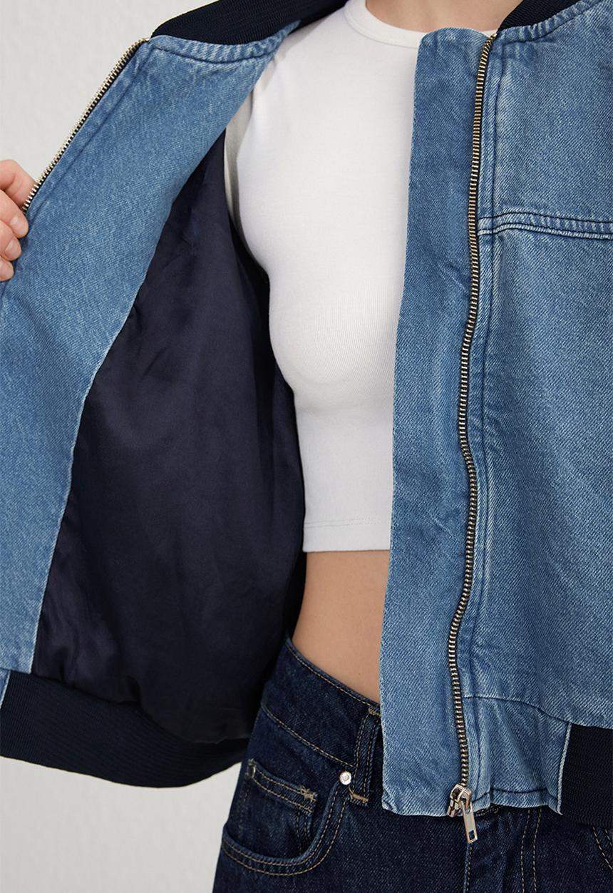 Trendyol - Crop denim bomber jacket  - blue