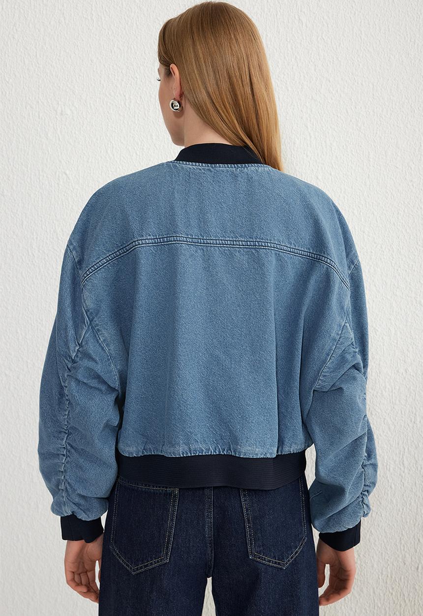 Trendyol - Crop denim bomber jacket  - blue