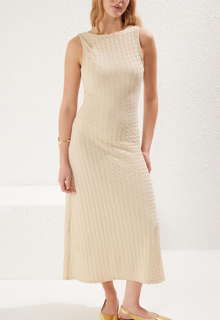 Trendyol - Backless Midi Textured Fitted Stretch Knit - Beige