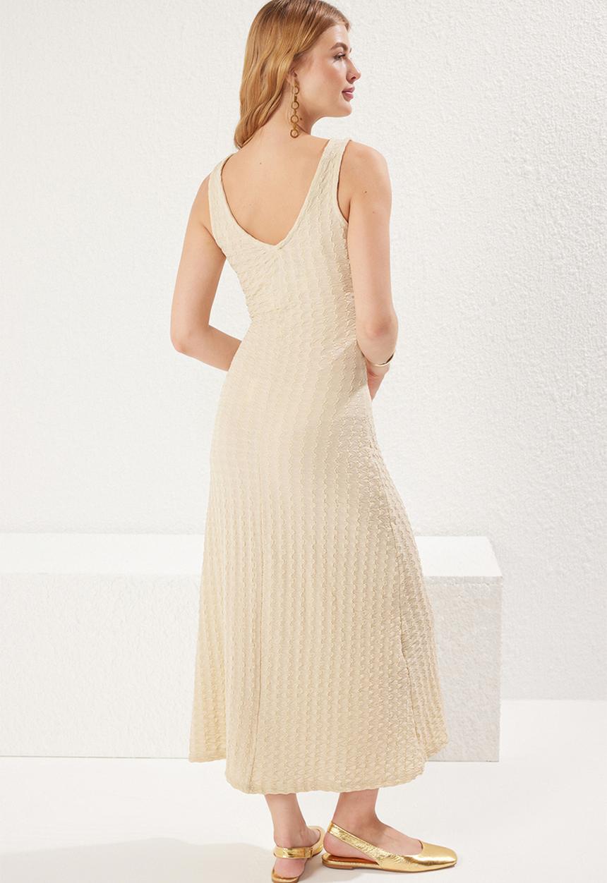 Trendyol - Backless Midi Textured Fitted Stretch Knit - Beige