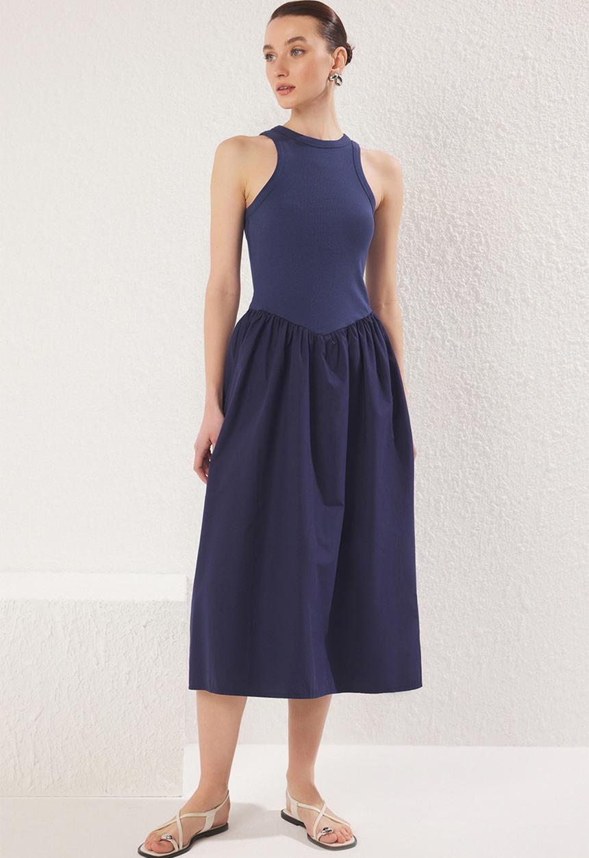 Trendyol - Poplin Ribbed Halter Neck Skater Open Maxi Knit Dress - Navy