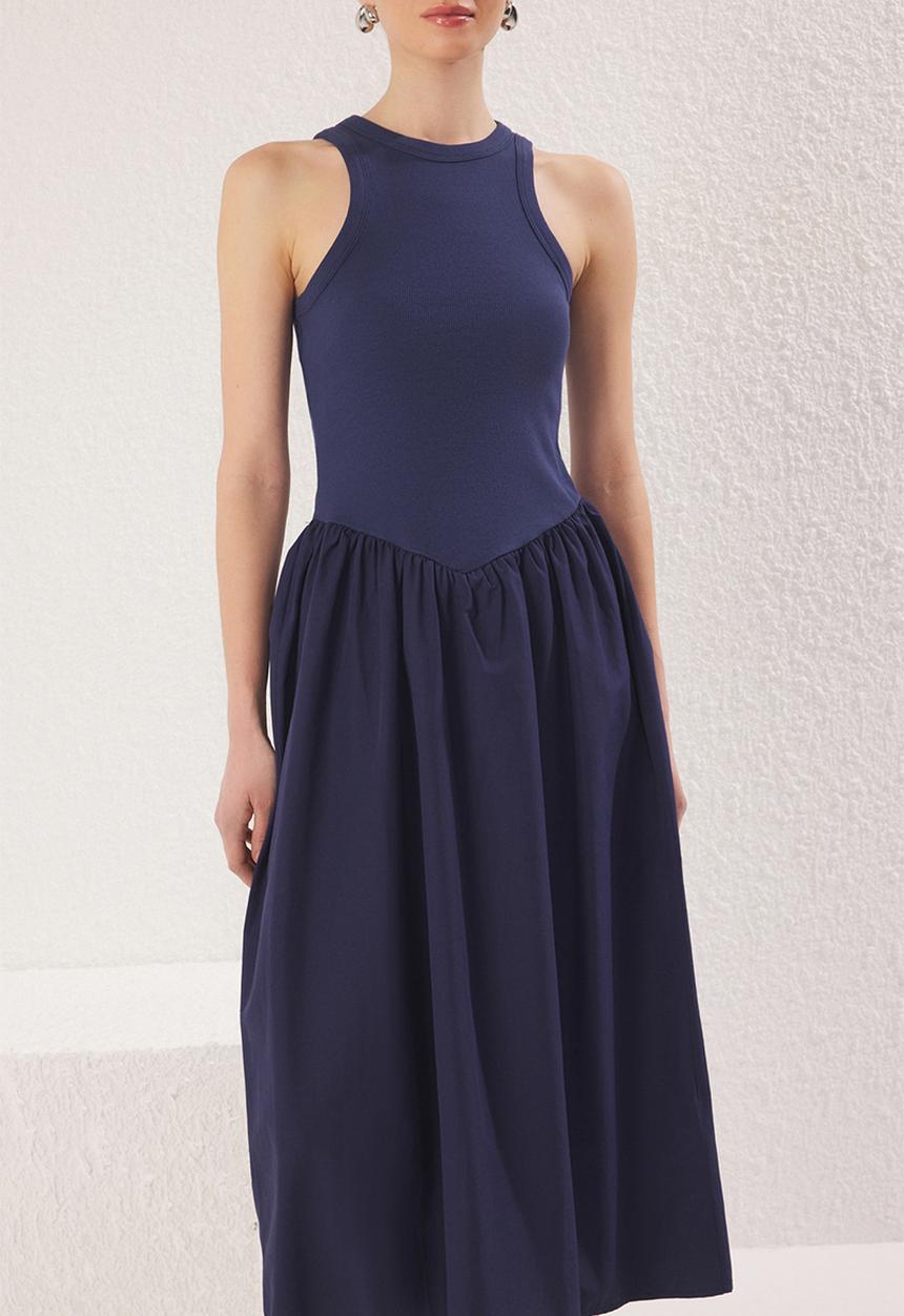 Trendyol - Poplin Ribbed Halter Neck Skater Open Maxi Knit Dress - Navy