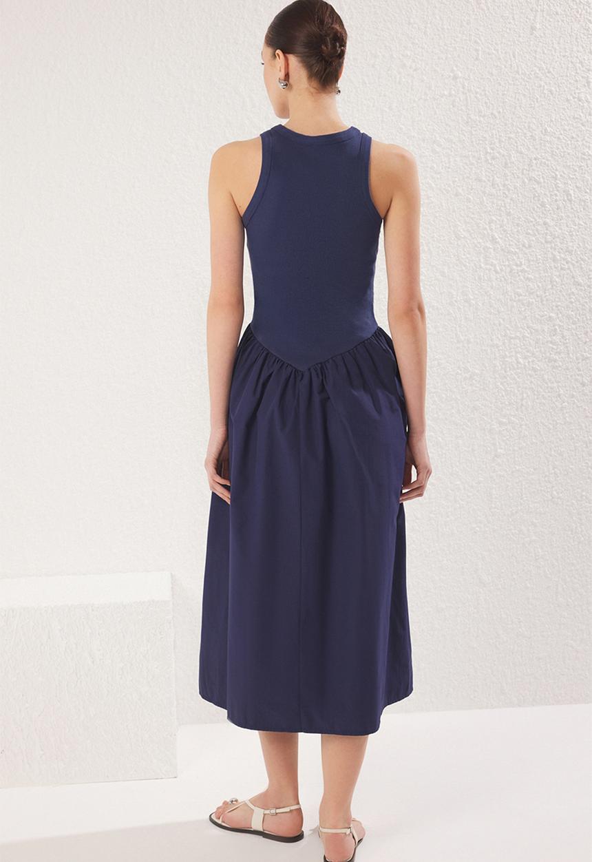 Trendyol - Poplin Ribbed Halter Neck Skater Open Maxi Knit Dress - Navy