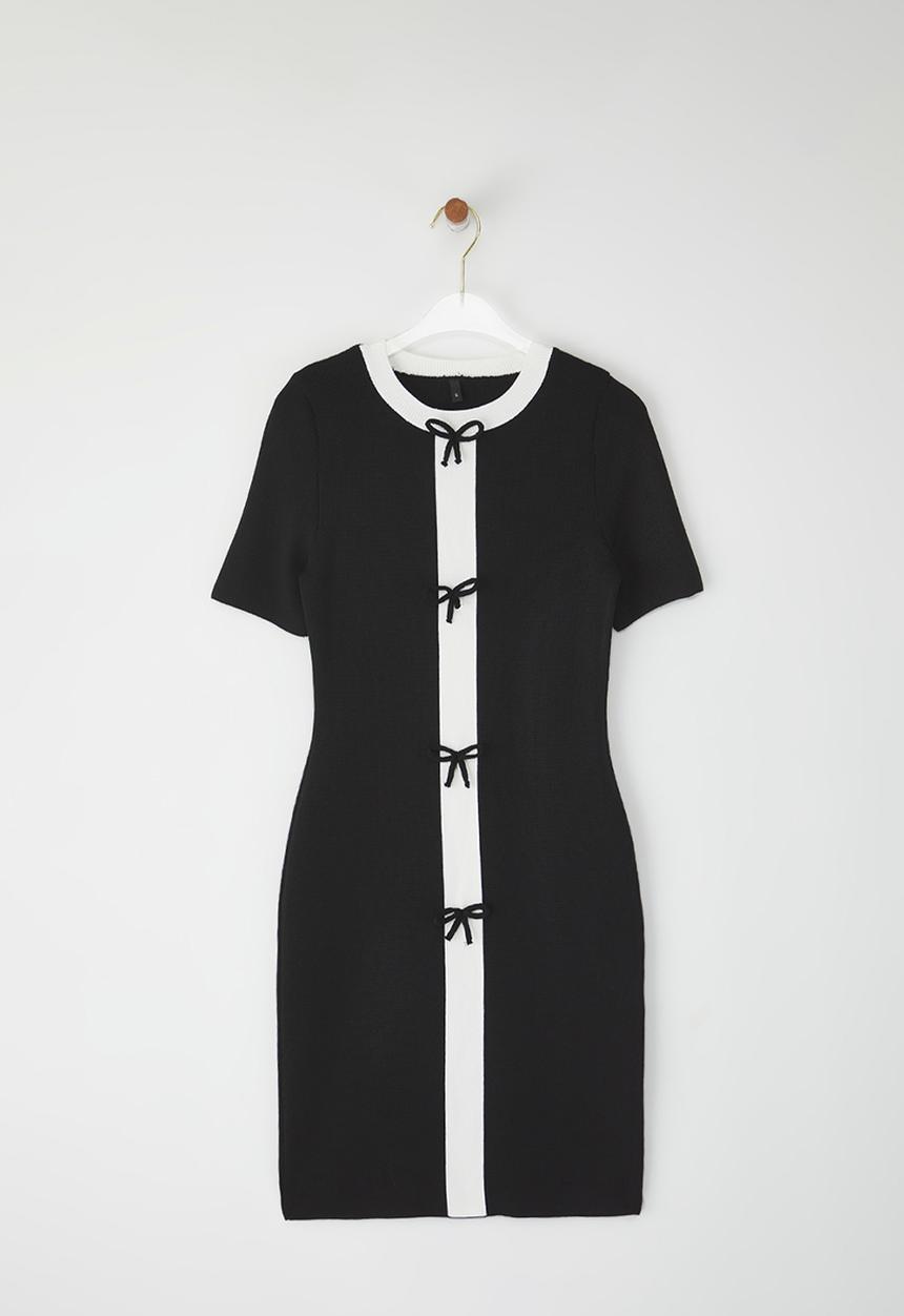 Trendyol - Color Block Mini Stand Collar Ribbon Detail Dress - Black