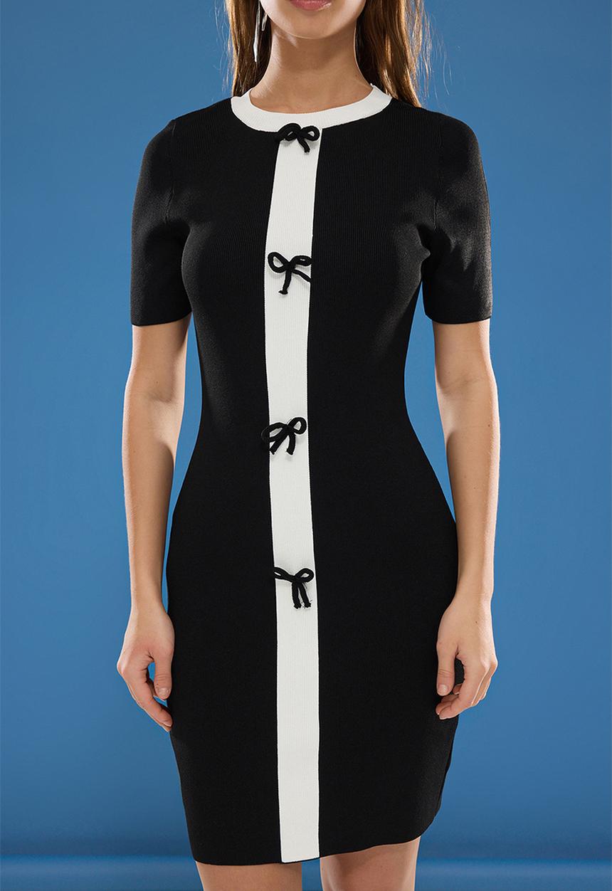 Trendyol - Color Block Mini Stand Collar Ribbon Detail Dress - Black