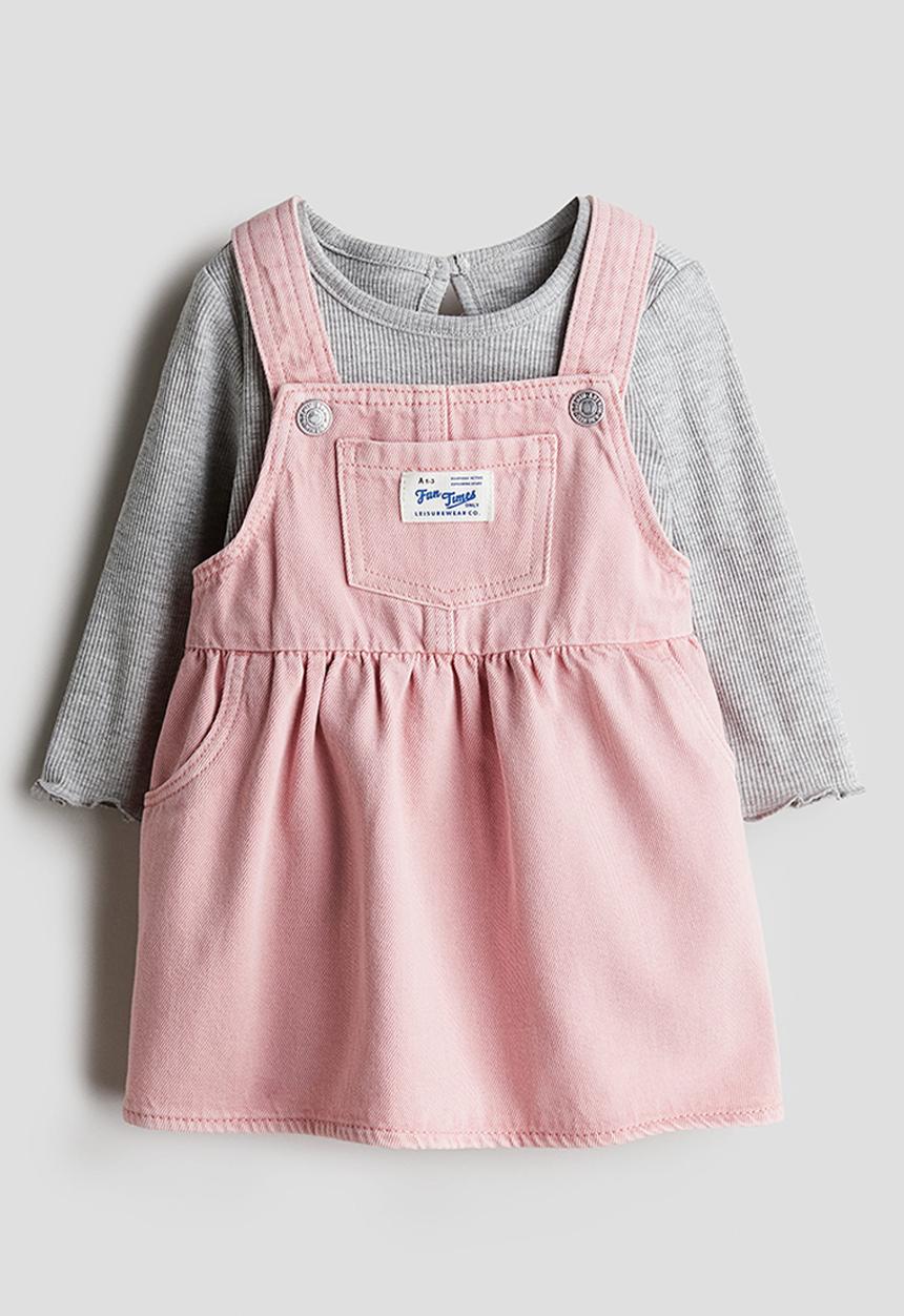 H&M - 2 piece denim dress and top set - light pink & grey