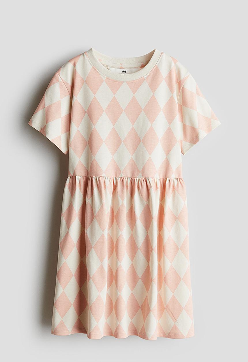 H&M - Patterned cotton jersey dress - peach harlequin-patterned