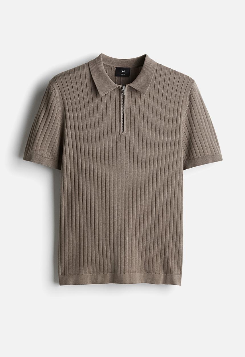 H&M - Slim fit rib-knit polo shirt - dark beige